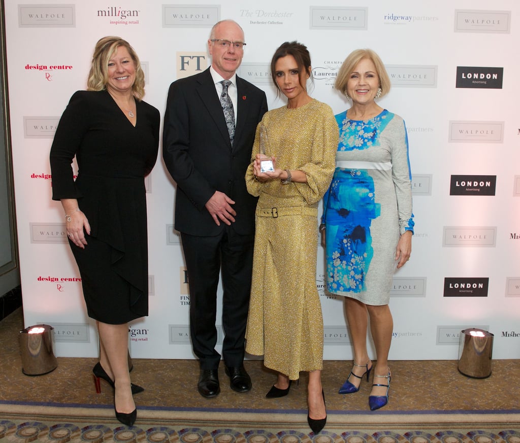 Victoria shared a photo from the British Walpole Awards, writing, "Thank you @walpole_uk. Such an honour to be named British Luxury Brand of the Year x vb #WalpoleAwards." She accessorized her metallic set with a silver watch and simple black pumps.