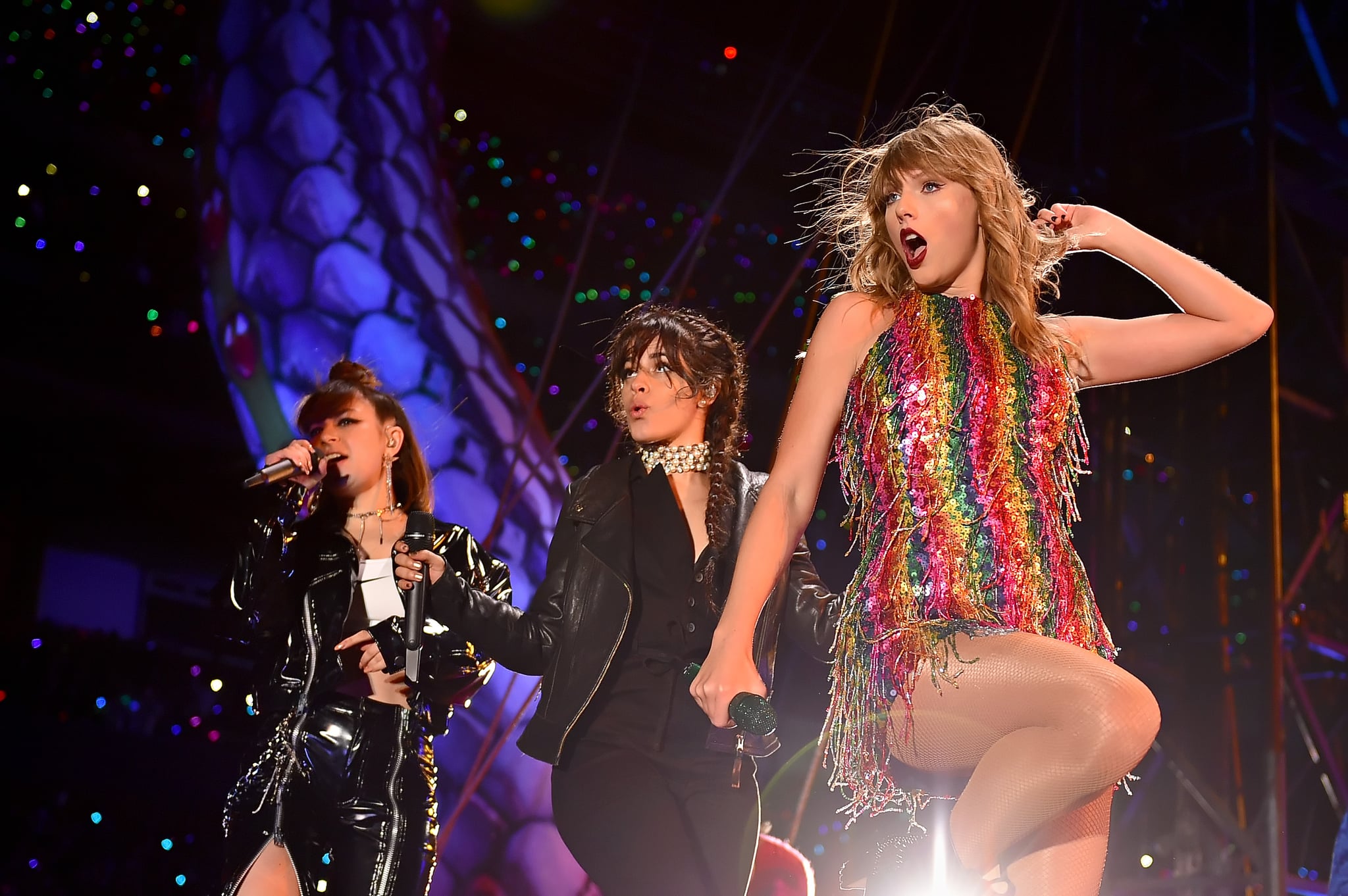 CHICAGO, IL - JUNE 01:  (L-R) Charli XCX, Camila Cabello, and Taylor Swift perform onstage during the 2018 reputation Stadium Tour at Soldier Field on June 1, 2018 in Chicago, Illinois.  (Photo by John Shearer/TAS18/Getty Images)
