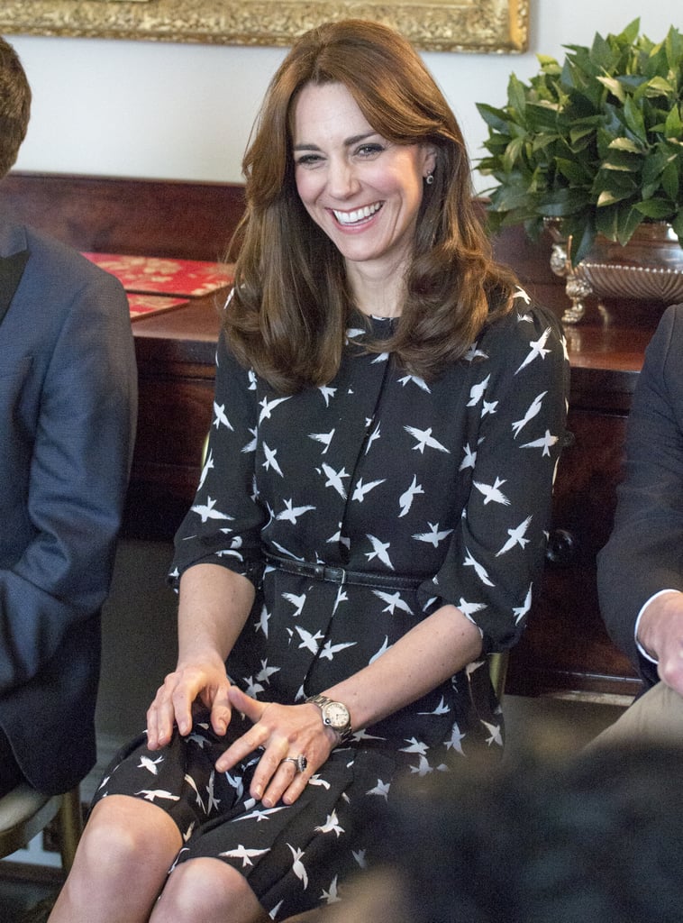 For an engagement while she was pregnant with Princess Charlotte, Kate wore an $89 bird-print design from Jonathan Saunders for Debenhams.