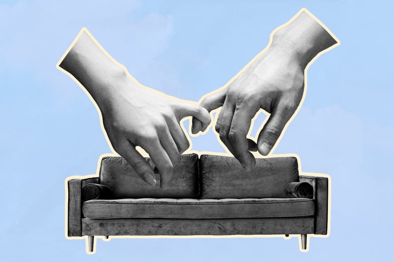 Designed Image of a Couch on a Blue Background With Two Hands Pinky Promising