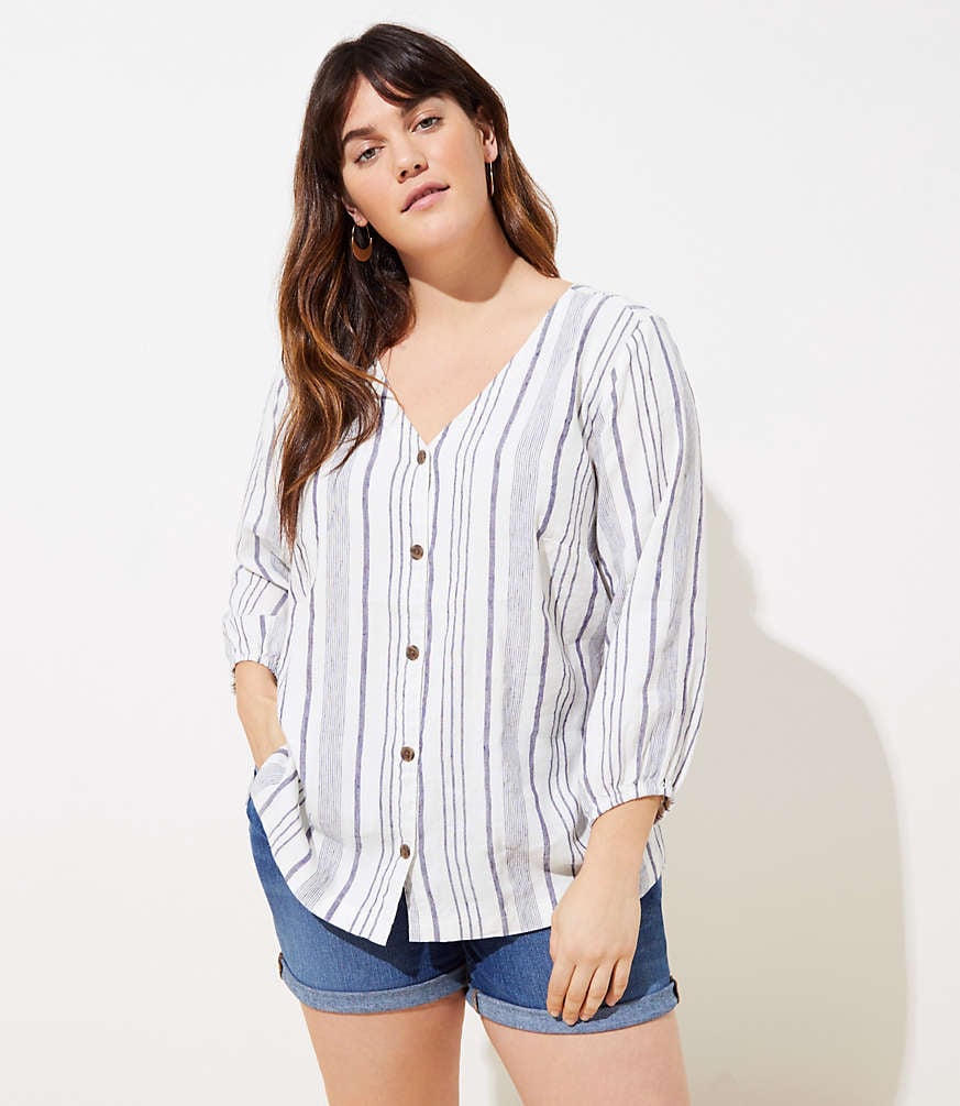 LOFT Striped Blouson Sleeve Button Down Top