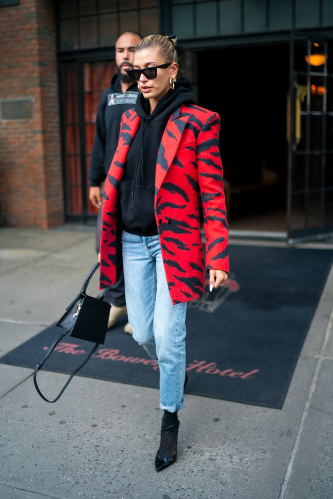 Hailey Baldwin Red Animal Print Blazer and Black Hoodie