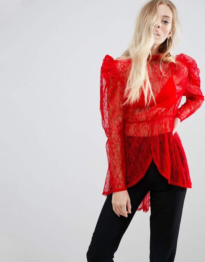 Asos Premium Longline Lace Puff Sleeve Blouse