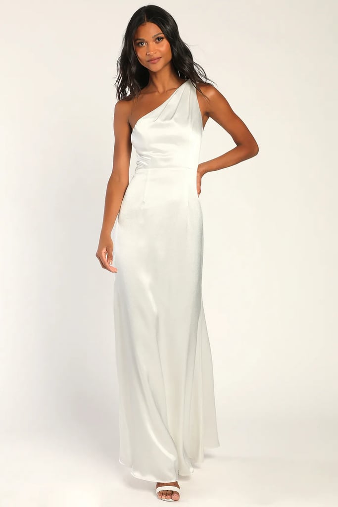 A One-Shoulder Wedding Dress: On the Guest List White Satin One-Shoulder Maxi Dress