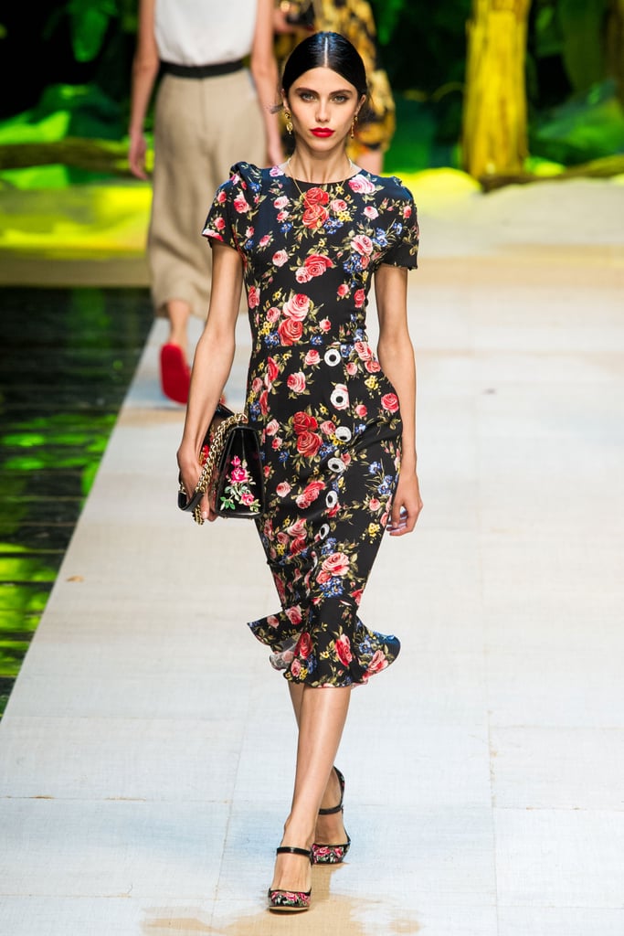 We dare her to go bolder. She's worn similar cap-sleeved silhouettes before, but a flouncy hem and a floral print feel fresh.
Dolce & Gabbana Spring 2017.