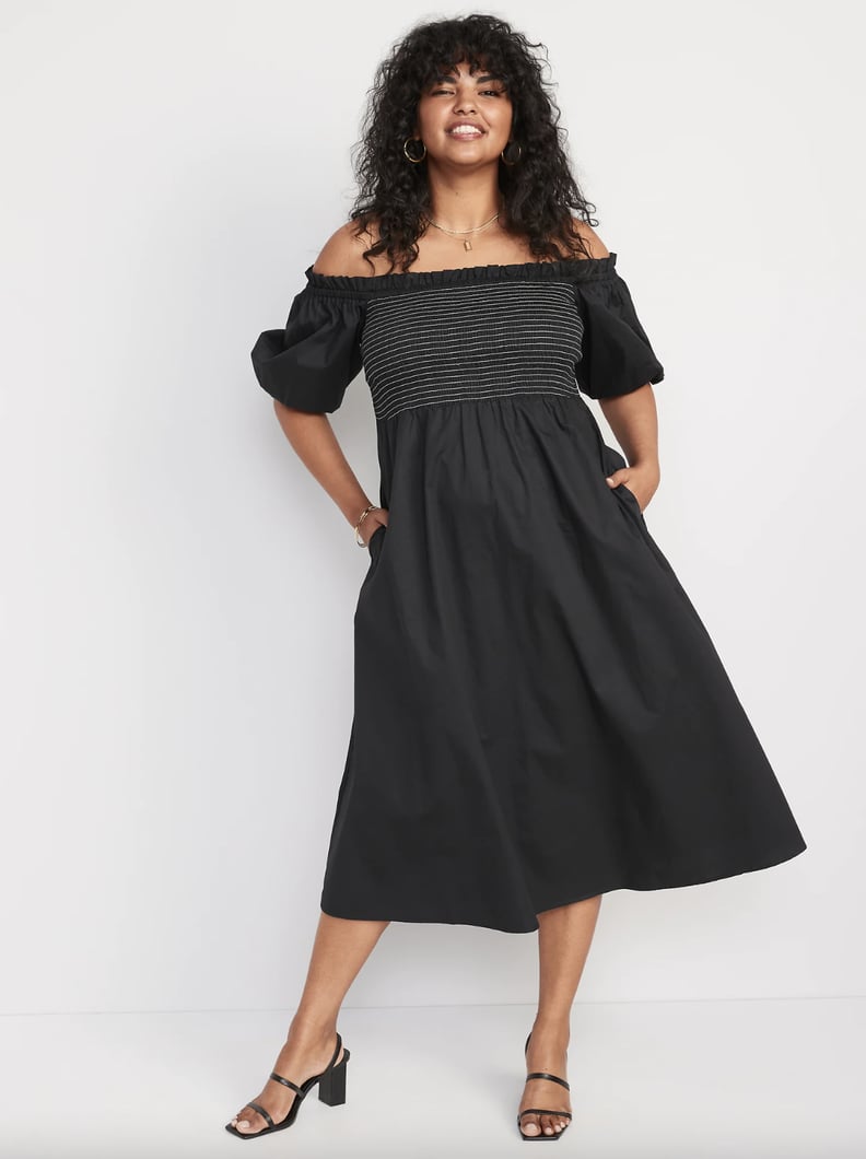 Old Navy Fit & Flare Off-the-Shoulder Puff-Sleeve Smocked Cotton-Poplin Midi Dress