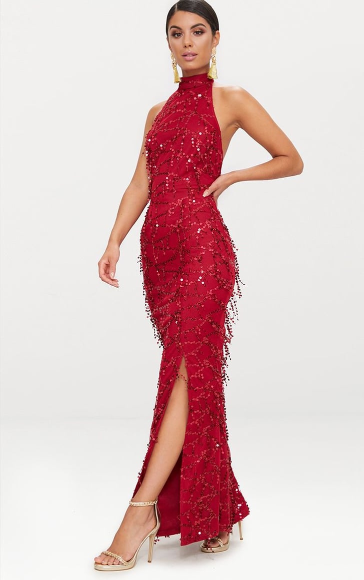 Pretty Little Thing Burgundy Sequin Fishtail Maxi Dress | Lady Gaga Red ...