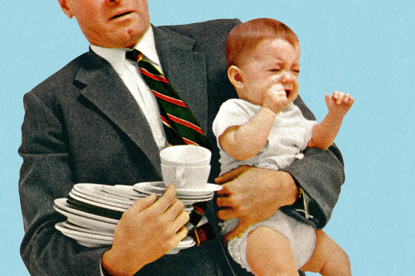 An old timey illustration photo of a dad holding a crying baby and dishes.
