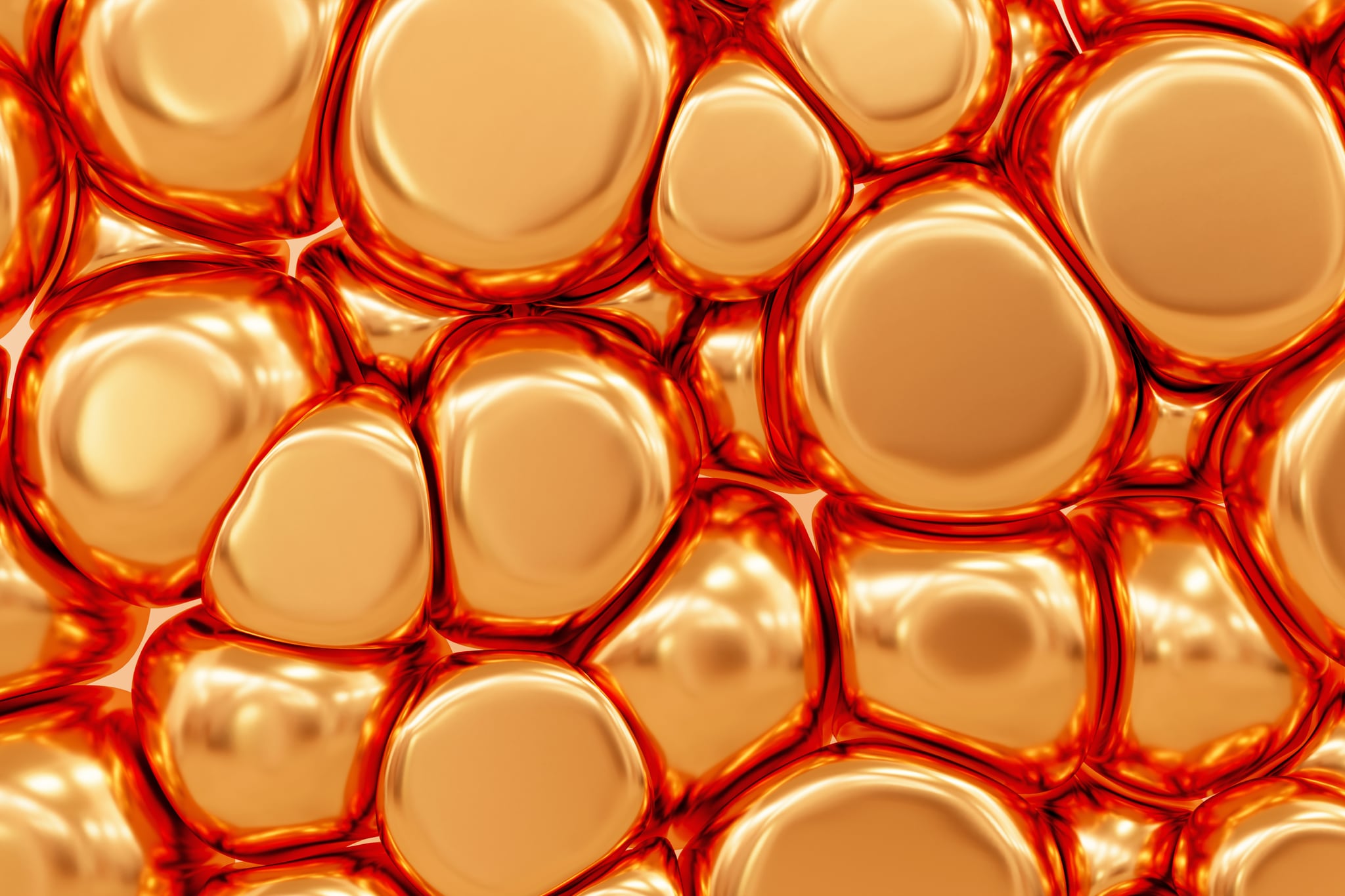 Glossy liquid gold bubbles, drops, blobs background. Abstract futuristic 3D pattern, composition. Design element.