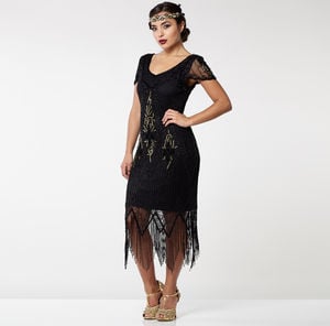 Annette Fringe Flapper Dress In Black Gold