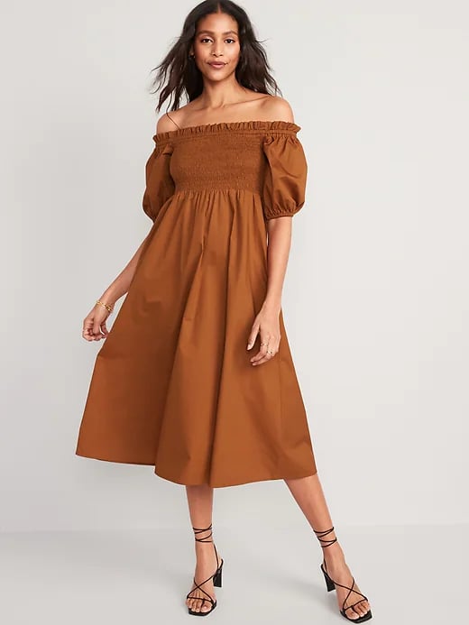 An Off the Shoulder Dress: Old Navy Fit & Flare Puff-Sleeve Smocked Cotton-Poplin Midi Dress