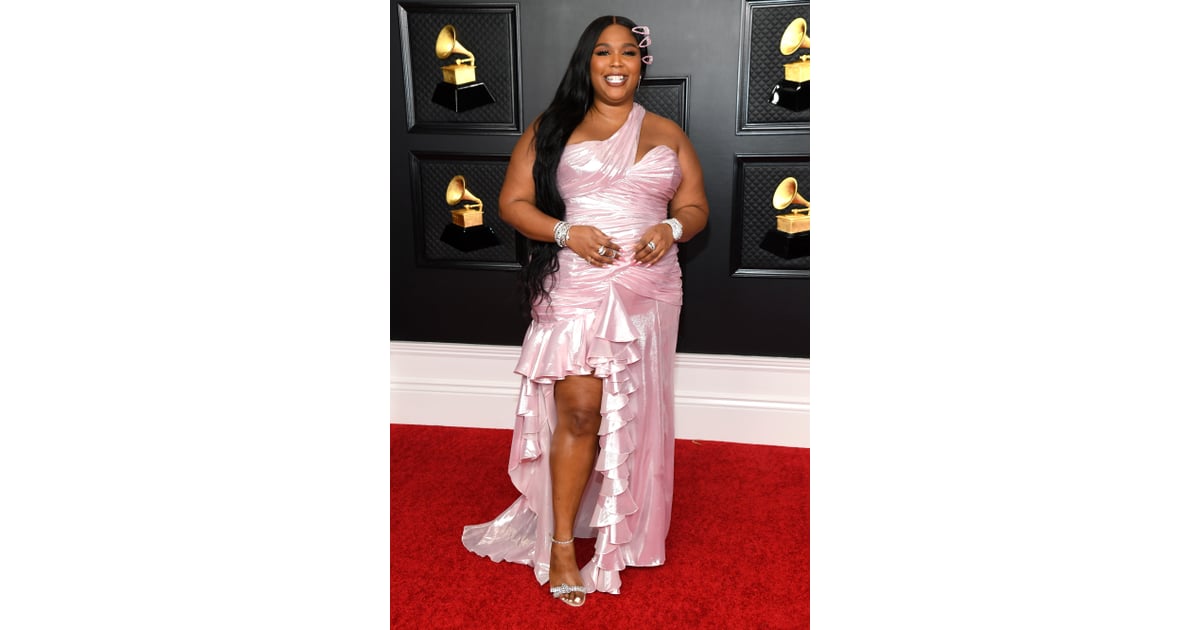 Lizzo Pink Ruched Red Carpet Shiny Dress Grammys 2021 - Xdressy