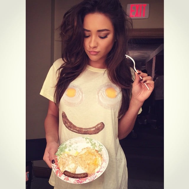 Shay Mitchell re-created her breakfast-print shirt in real life. 
Source: Instagram user shaym