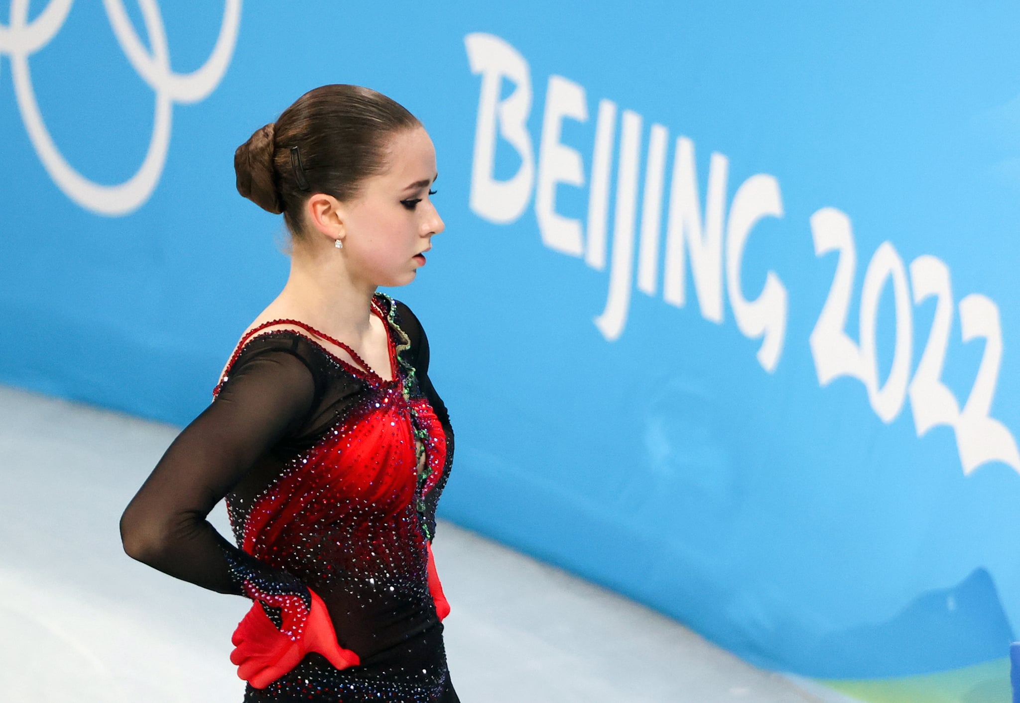 BEIJING, CHINA - FEBRUARY 17, 2022: Figure skater Kamila Valiyeva of Team ROC performs in the women's free skating programme at the Capital Indoor Stadium at the 2022 Winter Olympic Games.