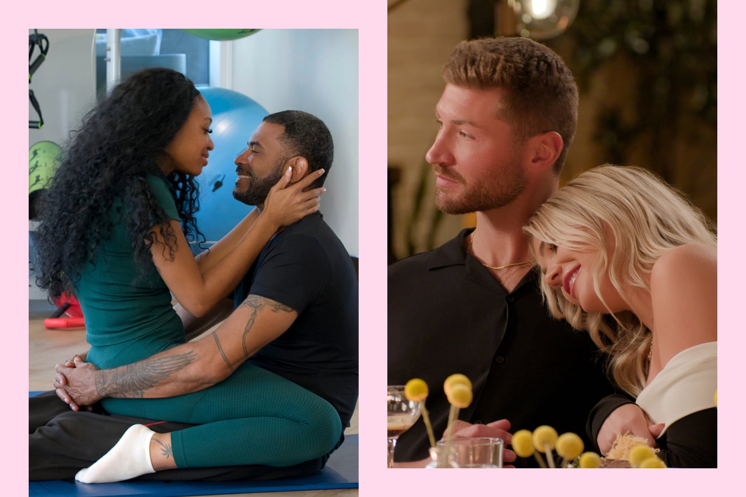 Two side-by-side photos show scenes of couples in the Netflix show Age of Attraction