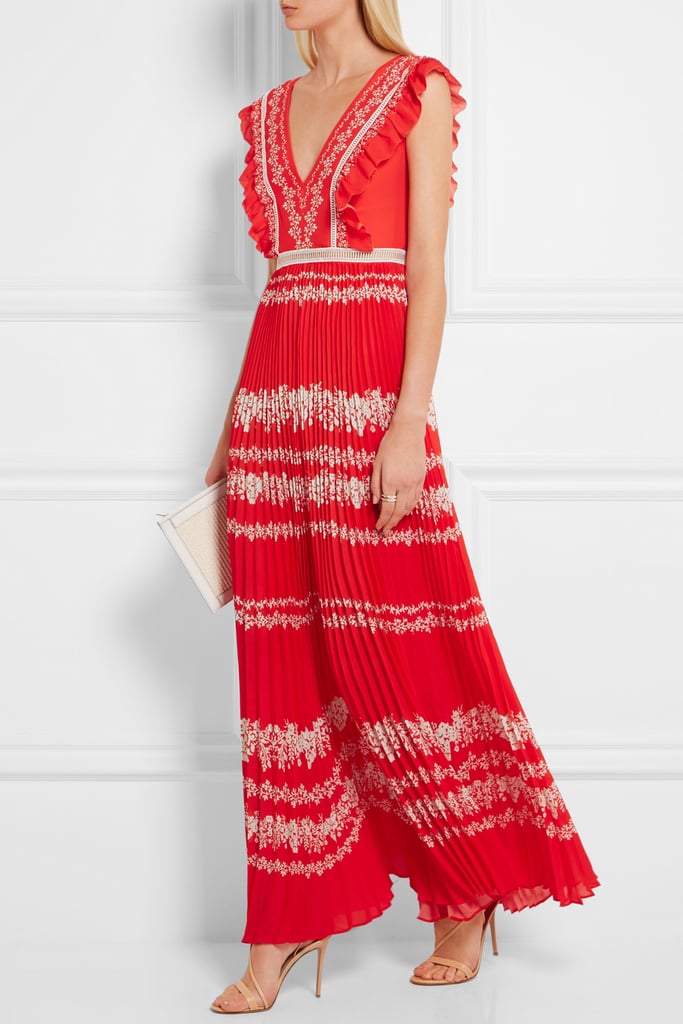 "I have a few weddings on the calendar, and I'm always one to make a bold, happy statement at a party. This Self-Portrait maxi ($465), complete with pleats, frills, and a floral pattern, is on-trend and just the right shade." — SW