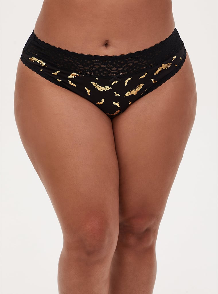 Gold Bat & Black Wide Lace Cotton Thong Panties