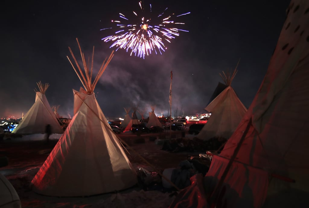 Fireworks fill the sky above the Oceti Sakowin Camp.