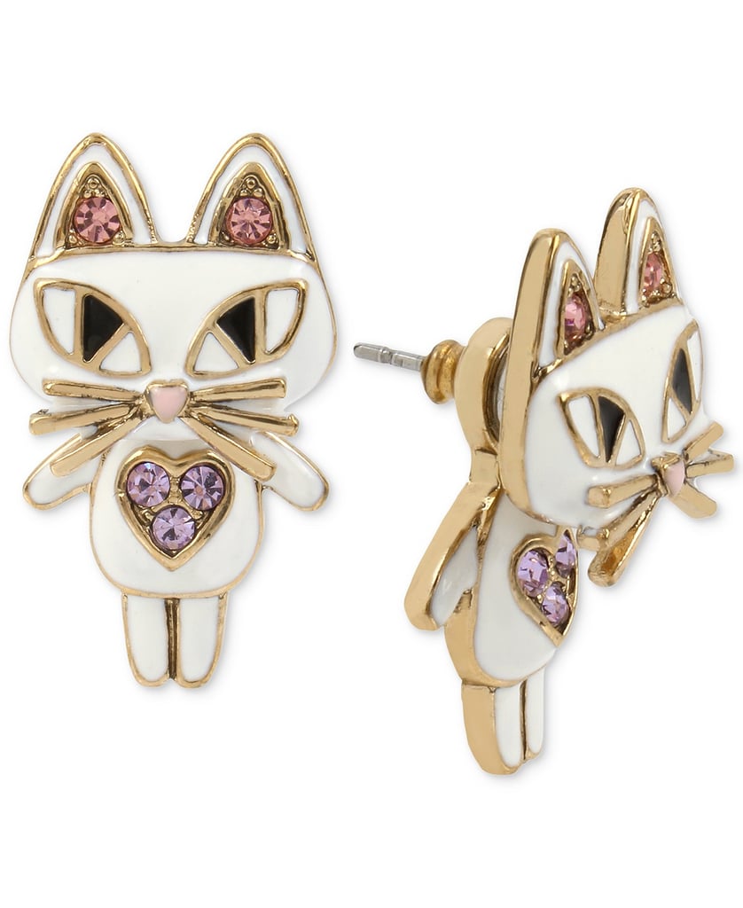 Betsey Johnson Gold-Tone White Enamel Cat Earring Jackets