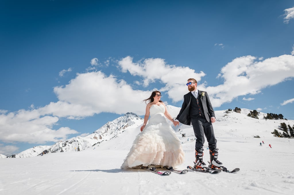 Most newlyweds share a first dance after exchanging vows, but Bec and Dan replaced the tradition with their first ski as husband and wife at Mayrhofen in Austria. See the wedding here!