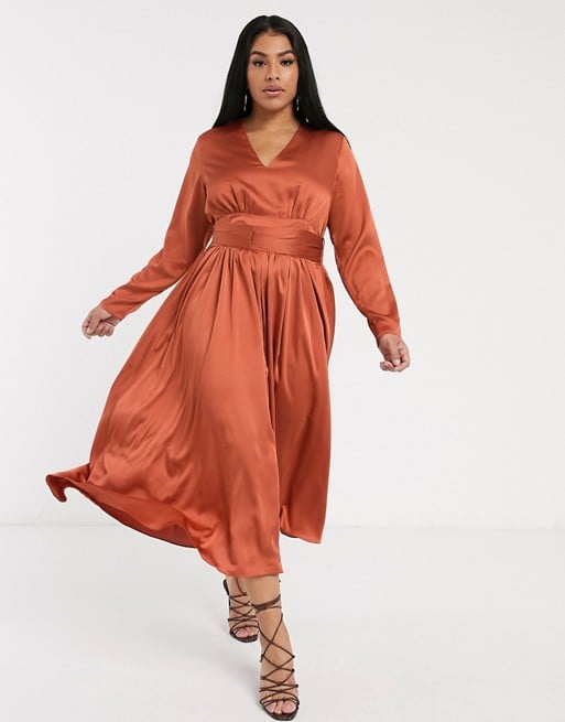 Glamorous Curve Plunge Front Midi Tea Dress in Satin