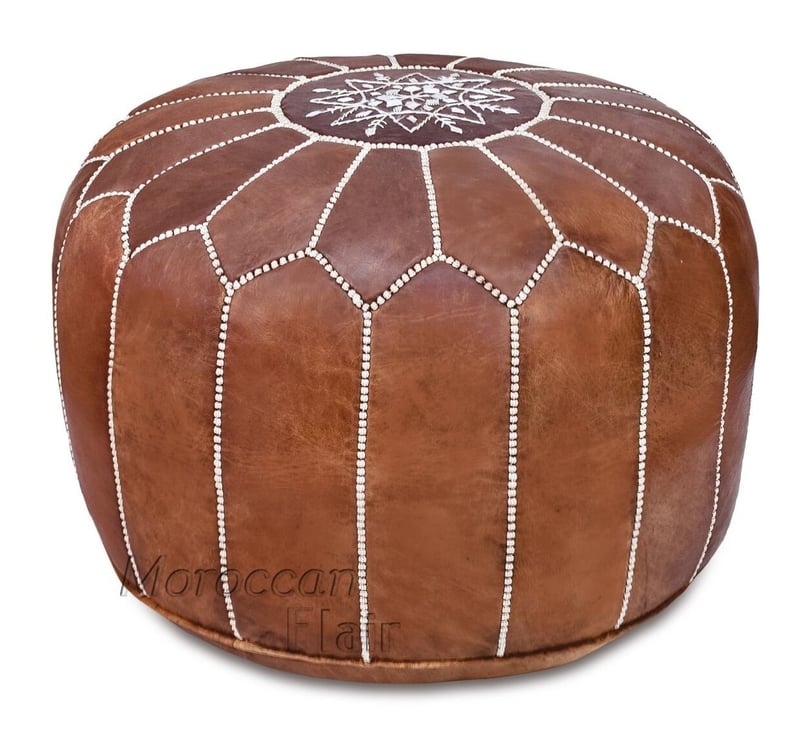 Moroccan Flair Leather Moroccan Pouf in Tan