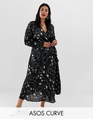 Asos Design Curve Wrap Maxi Dress in Star and Lightning Bolt