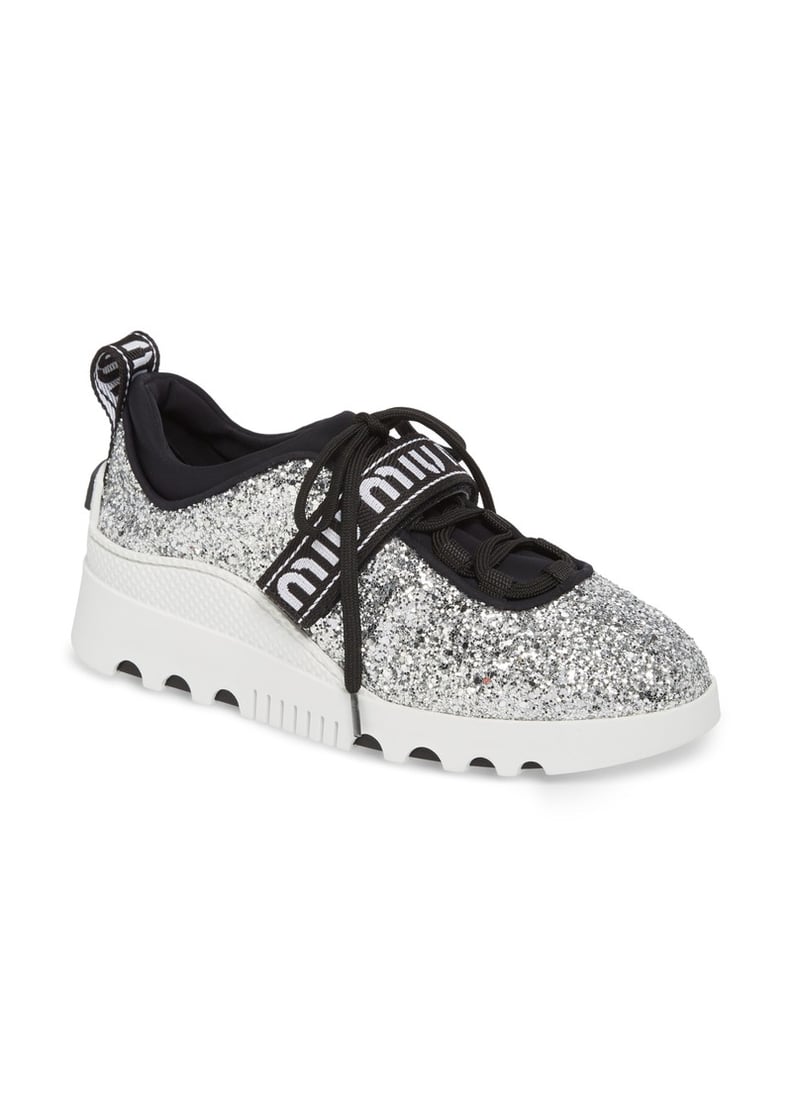 Miu Miu Women's Logo-Strap Glitter Platform Sneakers