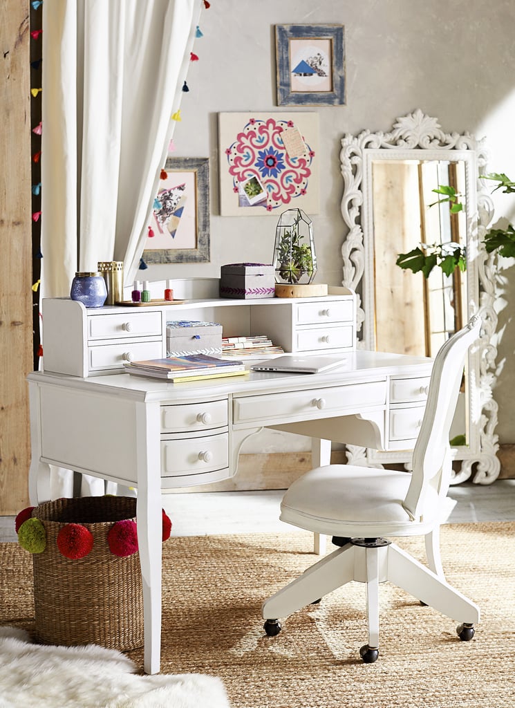 PS Moms: How important is it for you to have your own personal space? Would you ever share a room?
L&M: We actually shared a room for most of our lives. It was great and we had a lot of fun, but we definitely love having and need our own space now! 
Products pictured: Pom Pom Storage Baskets ($65-$75), Medallion Embroidered Pinboard ($39, originally $49), Ornate Wood Carved Floor Mirror ($399), Tassel Blackout Drape ($99-$129)