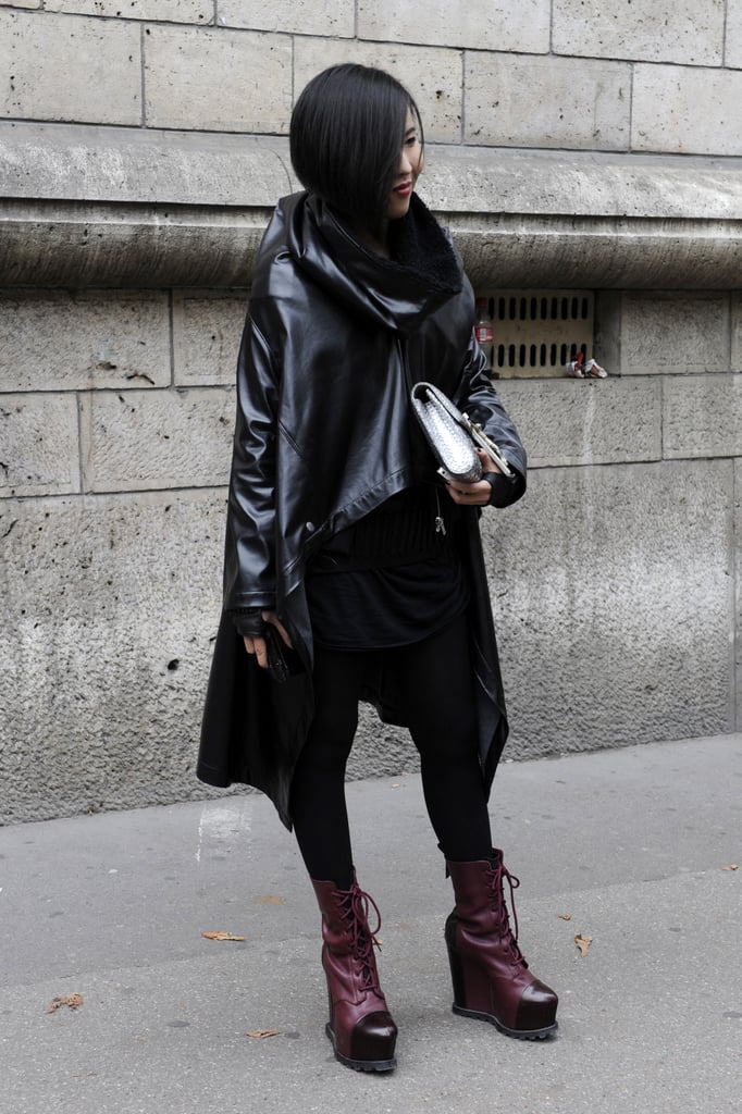 This styler took a fashion-forward angle with a leather parka and a bold pair of oxblood platforms.
This styler took a fashion-forward angle with a leather parka and a bold pair of oxblood platforms.