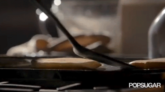 First we see pancakes, then Damon's pretty mug while the sun shines behind him and the song "Shine" plays . . .  with lyrics about heaven.
