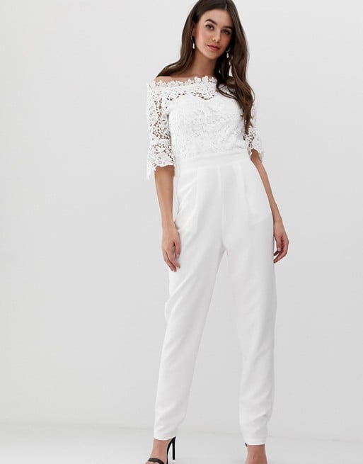 Paper Dolls Tall Bardot Cutwork Lace Tailored Jumpsuit