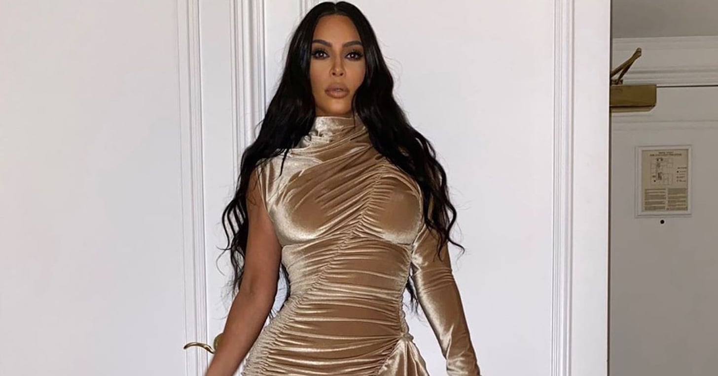 Kim Kardashian's Strappy Lace-Up Heels and Gold Velvet Dress | PS Fashion