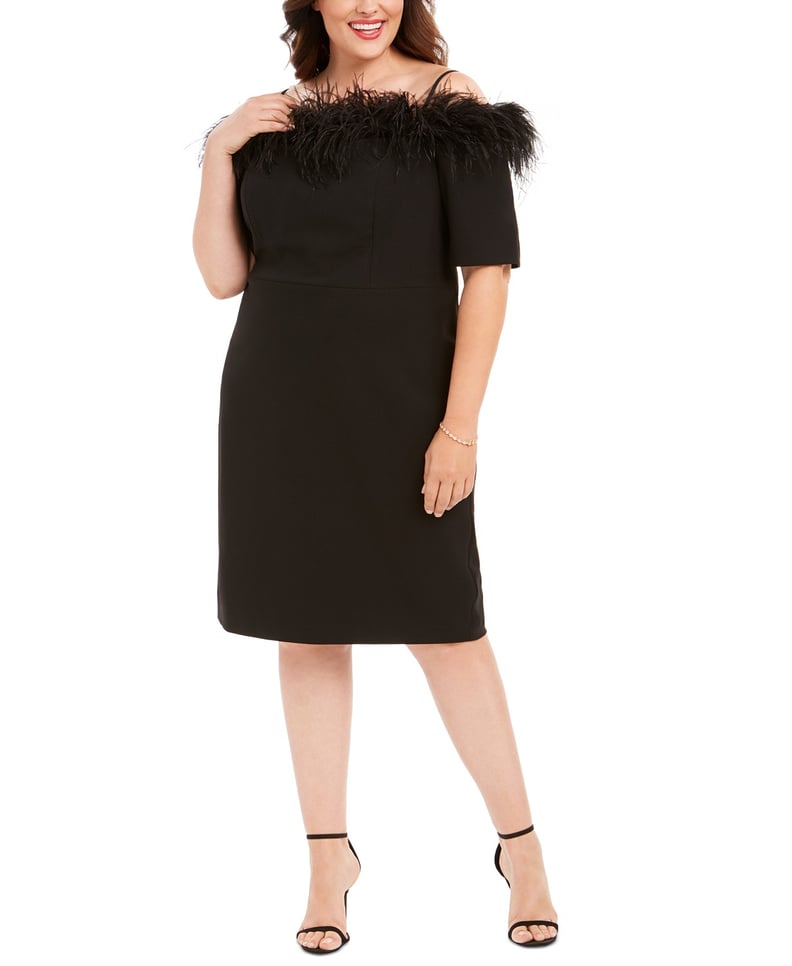 Calvin Klein Off-The-Shoulder Feather-Trim Sheath Dress