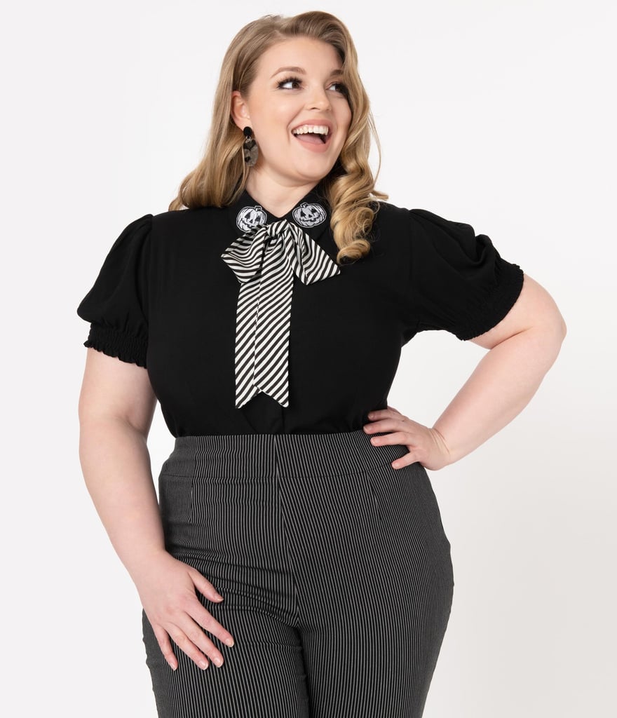 Hell Bunny Plus Size 1950s Black and Stripe Bow Skelli Blouse