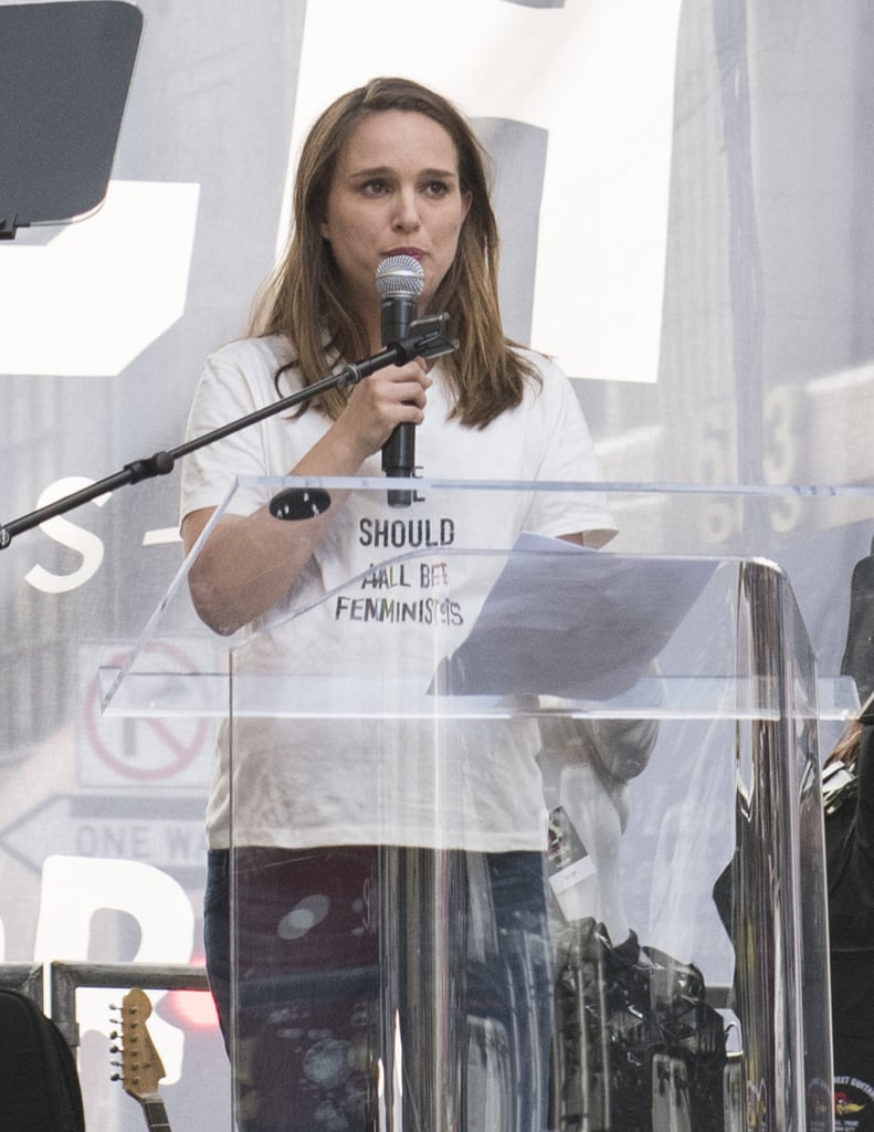Natalie wore a Dior tee that read "We Should All Be Feminists," to the Women's March in Los Angeles.