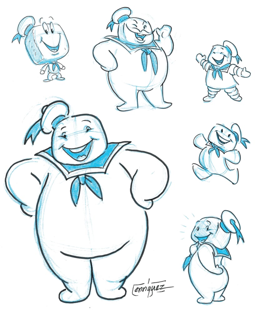 A number of Thom Enriquez designs for the Stay Puft marshmallow man that experiment with differing approaches to height, mass, and shape.