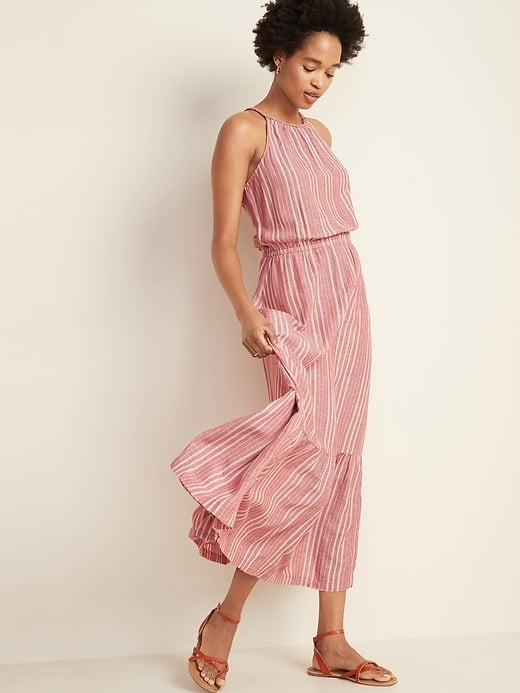 Waist-Defined Braided-Strap Dobby Stripe Maxi Sundress