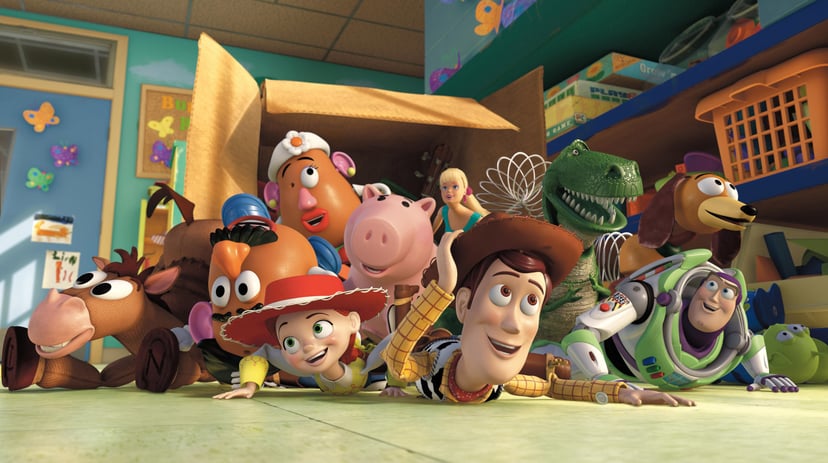 TOY STORY 3, Mr. Potato Head (second from left, voice: Don Rickles), Jessie (left of center, voice: Joan Cusack), Woody (right of center, voice: Tom Hanks), Buzz Lightyear (front right, voice: Tim Allen), 2010. Buena Vista Pictures/courtesy Everett Collec
