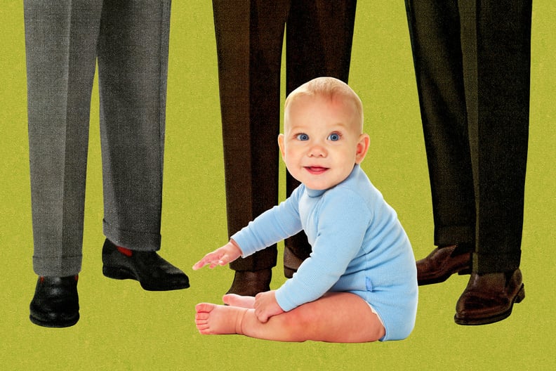 Collage of a baby sitting in front of three dads wearing trousers and loafers