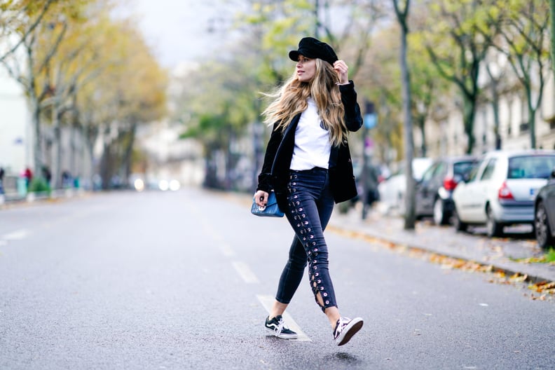 With Lace-Up Jeans, a White Tee, Jacket, and Beret