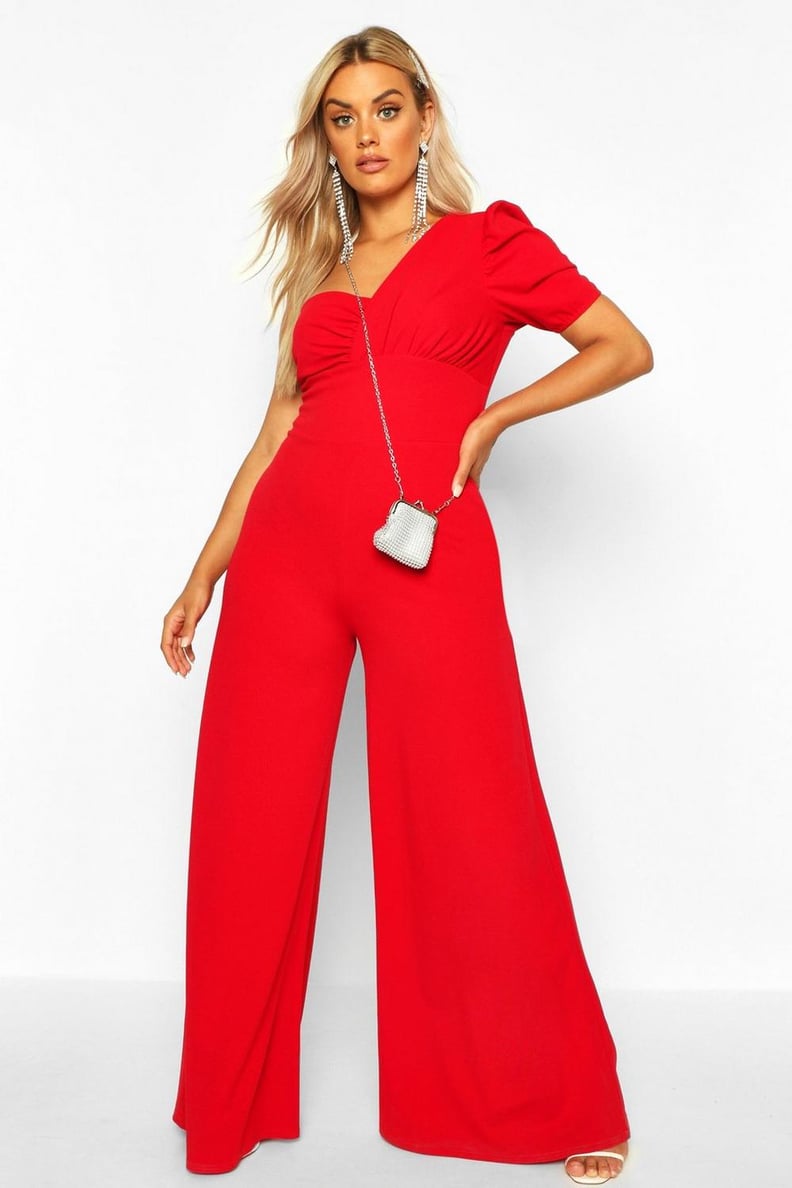 Boohoo One Shoulder Puff Sleeve Jumpsuit