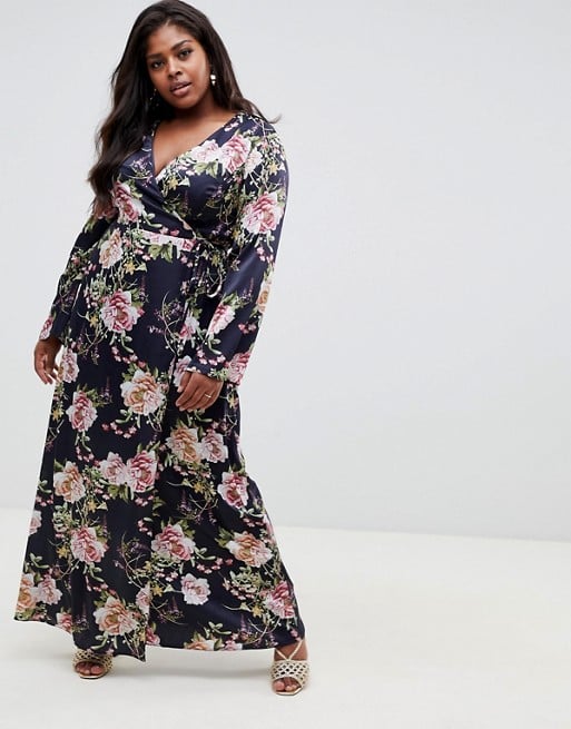 ASOS DESIGN Curve Wrap Maxi With Long Sleeve in Navy Floral Print