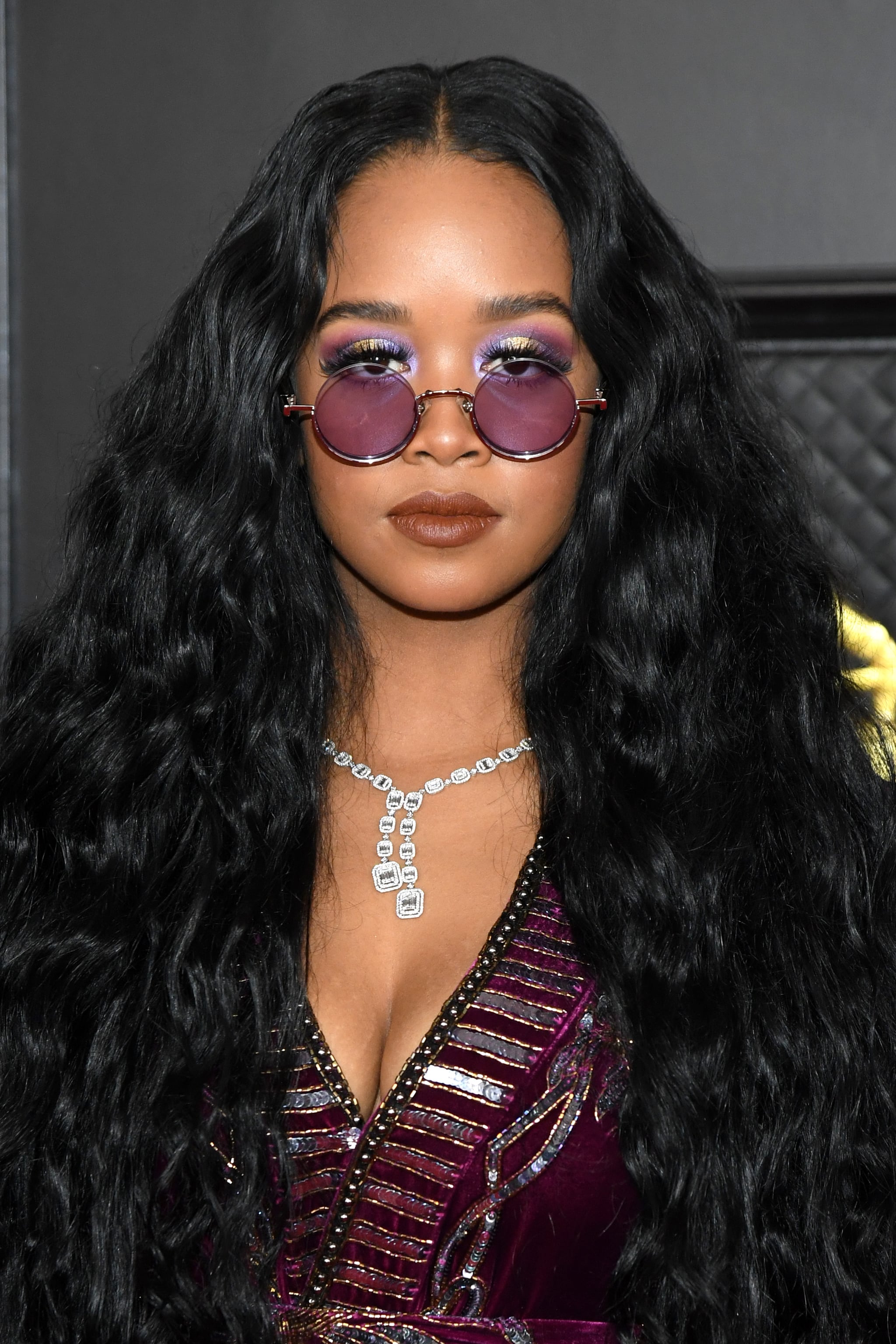 H E R S Purple Velvet Dundas Outfit 2021 Grammy Awards Popsugar Fashion