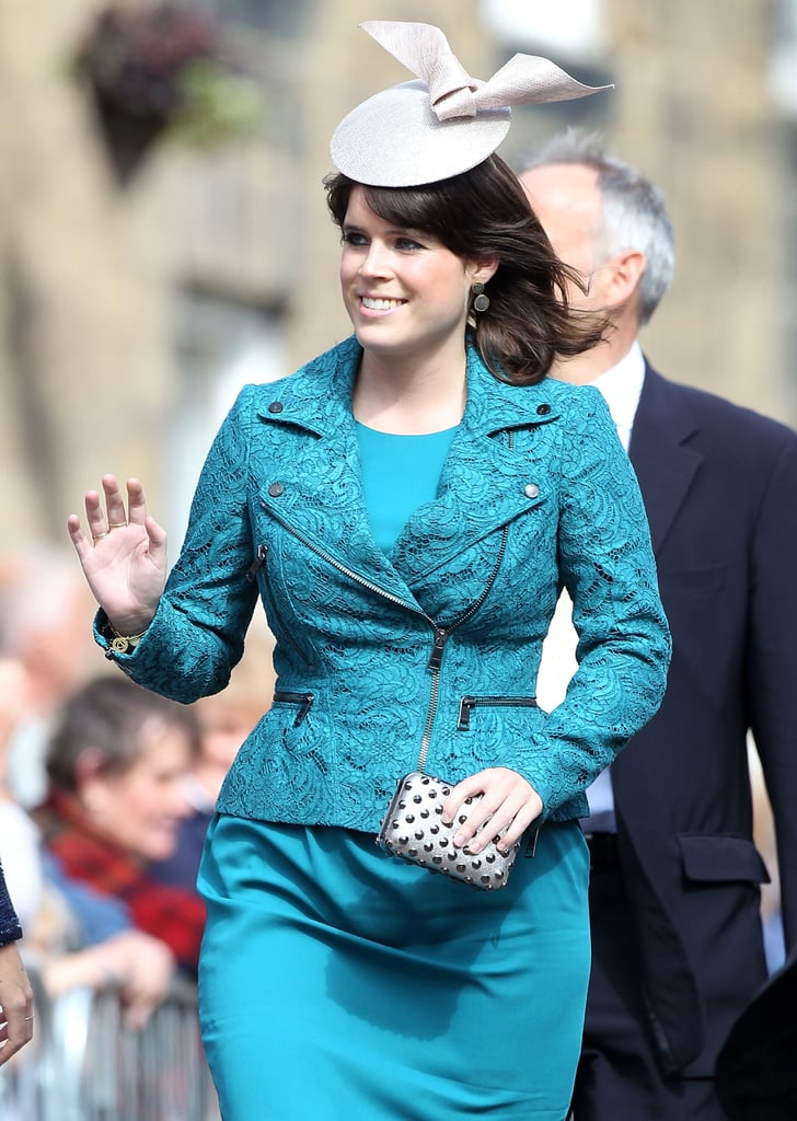 In June 2013, Eugenie wore a turquoise ensemble with a small cream hat, and carried a studded clutch.