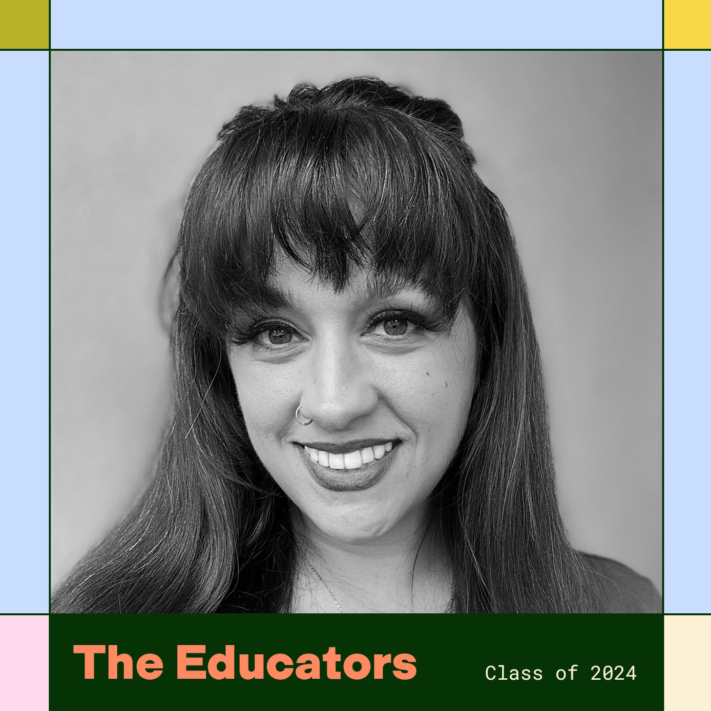 Ali Russell is pictured smiling next to colorful blocks and text that reads The Educators Class of 2024.