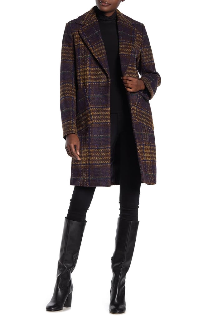 Kensie Plaid Notch Lapel Coat in Purple/Gold