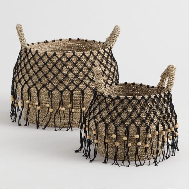 Natural Seagrass Maddie Tote Basket with Black Macrame