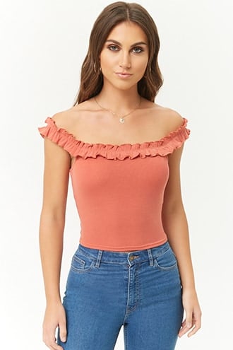 Ribbed Ruffle-Trim Top