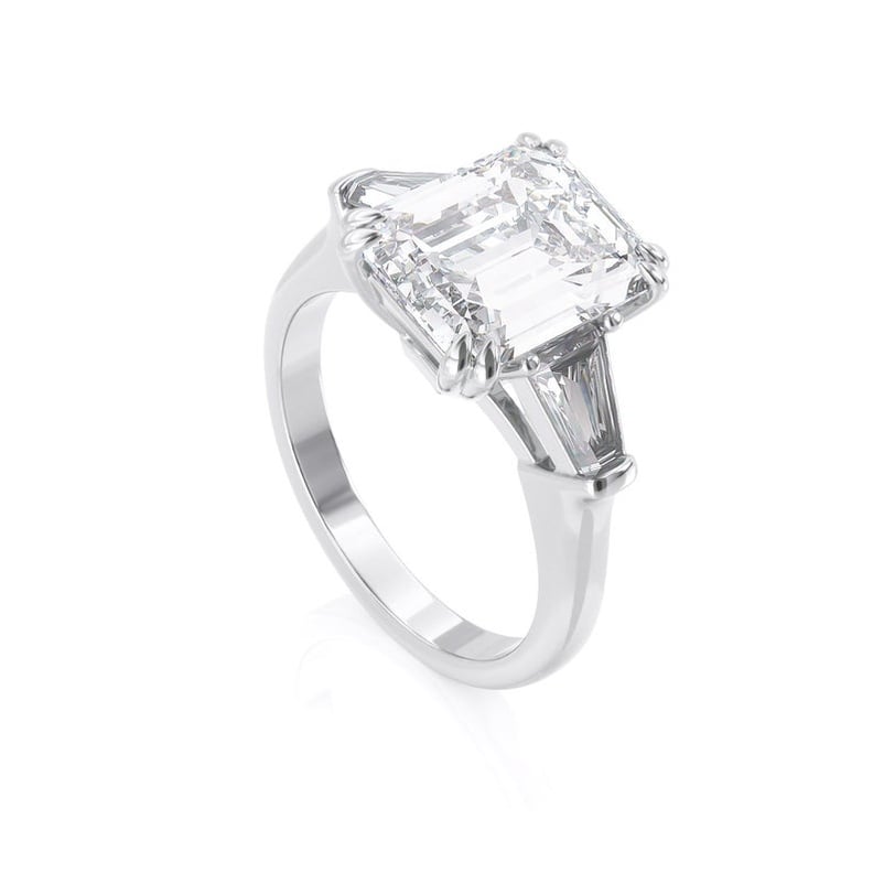 Emerald Cut and Tapered Moissanite Baguettes Three Stone Engagement Ring